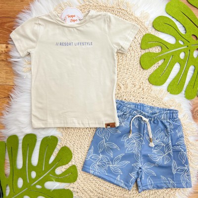 Conj. Camiseta Resort Lifestyle e Bermuda - Areia e Azul Jeans